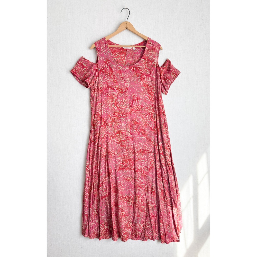 Soft‎ Surroundings Pink Batik Floral Cold Shoulder Midi Dress Womens Medium